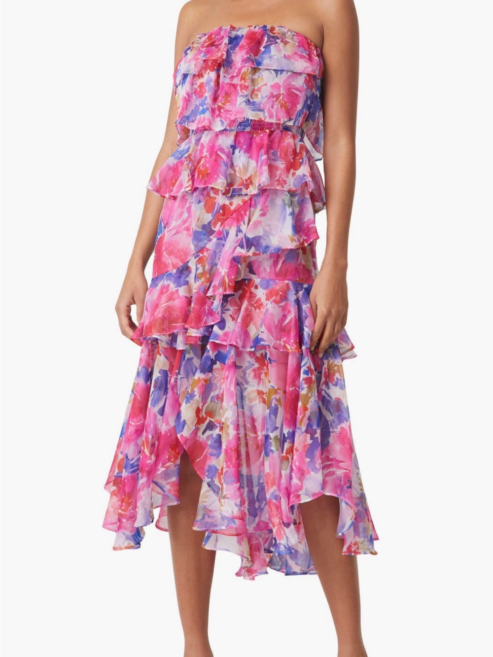 MISA Los Angeles LUCIANA Strapless Tiered Ruffle Pink Floral Midi Dress